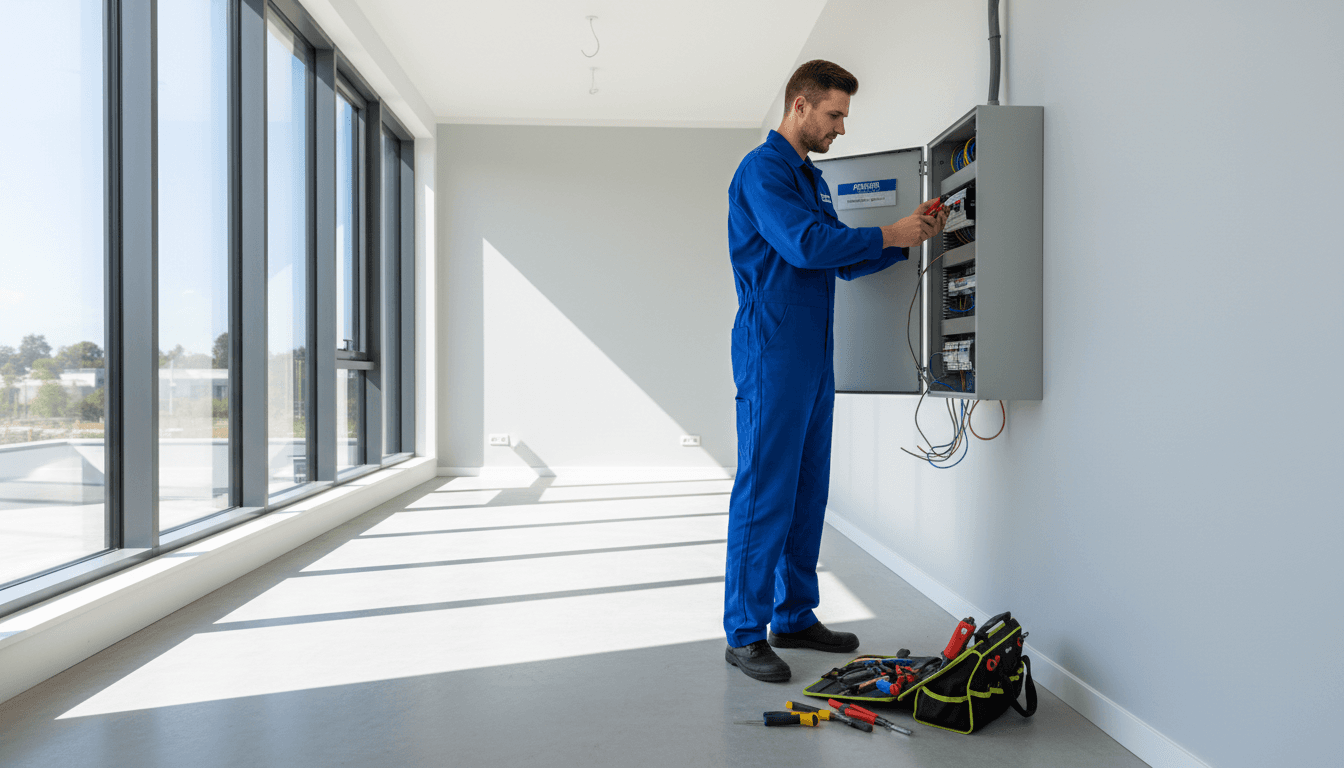 Professional electrician working on electrical panel in Phoenix home